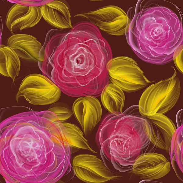 Квіти Червоної Троянди Лінійний Візерунок Безшовний Візерунок Темно Коричневому Фоні — стокове фото