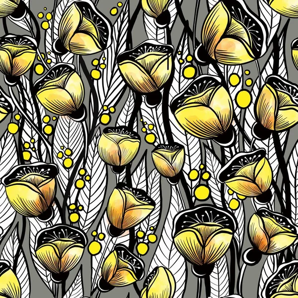 Nahtloses Muster Aus Schwarzen Gelben Und Weißen Mohnblumen — Stockfoto