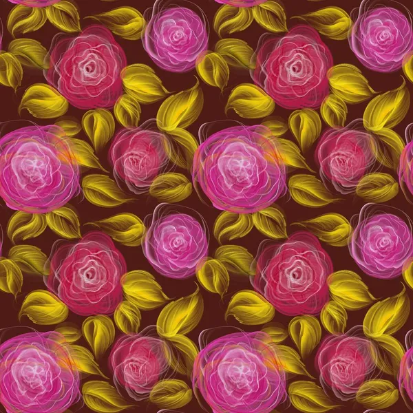 Rote Rosenblüten Lineares Muster Nahtloses Muster Auf Dunkelbraunem Hintergrund — Stockfoto