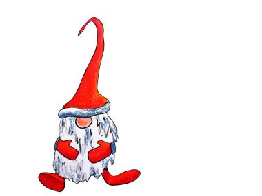 Küçük elf cücesi Noel Baba 'nın yardımcı çizimi beyaz arka planda izole edilmiş.