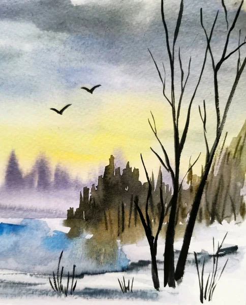 Υδατογραφία Δάσος Χειμώνα Ζωγραφισμένα Στο Χέρι Εικονογράφηση — Φωτογραφία Αρχείου
