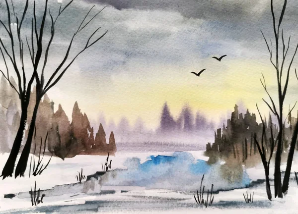 Floresta Inverno Aquarela Ilustração Pintada Mão — Fotografia de Stock