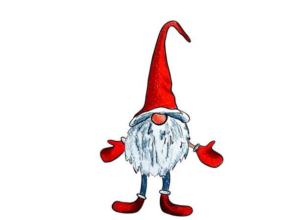 Küçük elf cücesi Noel Baba 'nın yardımcı çizimi beyaz arka planda izole edilmiş.