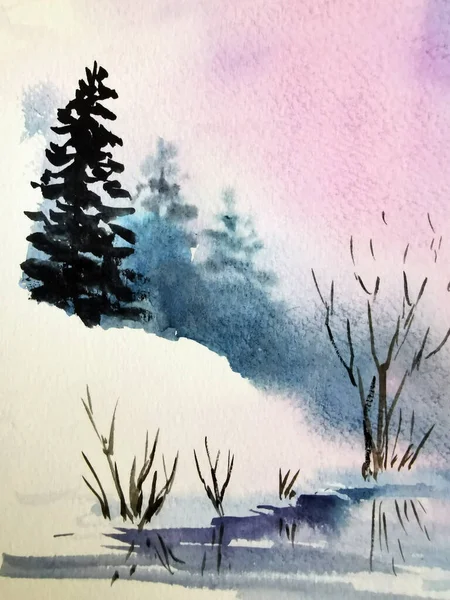 Hutan Musim Dingin Warna Air Ilustrasi Lukisan Tangan Stok Lukisan  