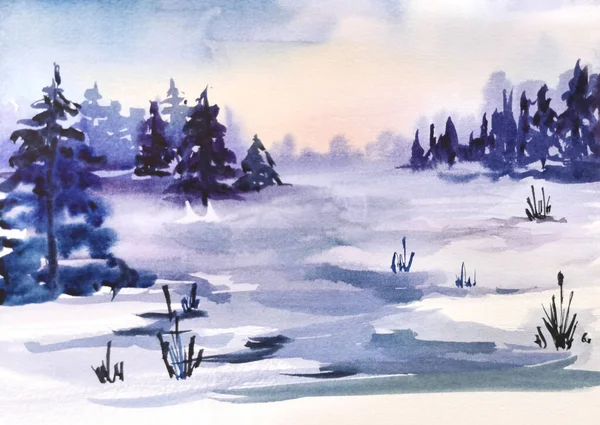Hutan Musim Dingin Warna Air Ilustrasi Lukisan Tangan Stok Gambar Bebas Royalti