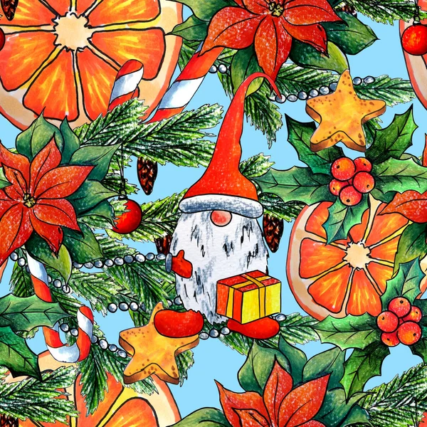 Poinsettia Πορτοκαλί Και Gnome Χριστουγεννιάτικο Λουλούδι Απρόσκοπτη Μοτίβο — Φωτογραφία Αρχείου