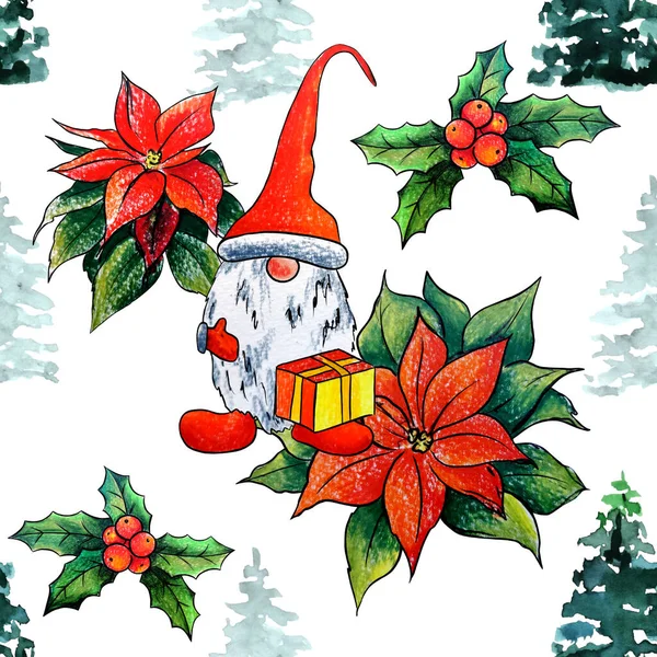 Weihnachtsstern Und Gnome Weihnachtsblume Nahtlose Muster lizenzfreie Stockfotos