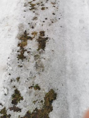 Yol kardan temizlendi, yolun kenarlarında kar yağışı var. Ağaç siluetlerinin bulanık arkaplanı. Tarafsız gama, yayılmış güneş ışığı.