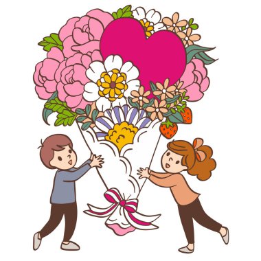 Çiçek buketi taşıyan erkek kız vektör çizimi