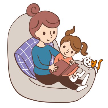 Ana kız kanepe vektör resimlerini okuyor.