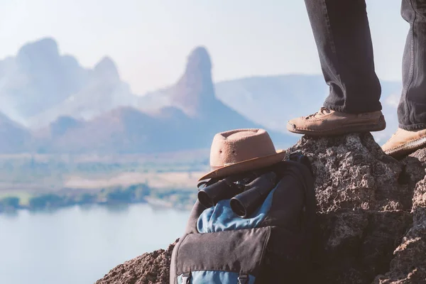 Hiker Standing Top Mountain Backpack Binoculars Hat — Foto de Stock