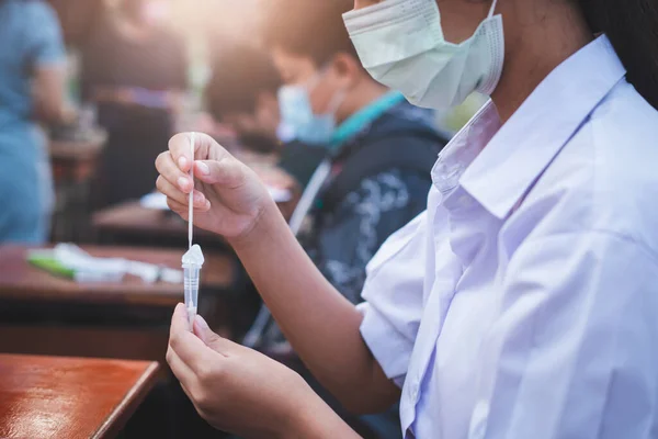 Eleverna Sveper Covid Test Med Rapid Antigen Test Kit Skolan — Stockfoto