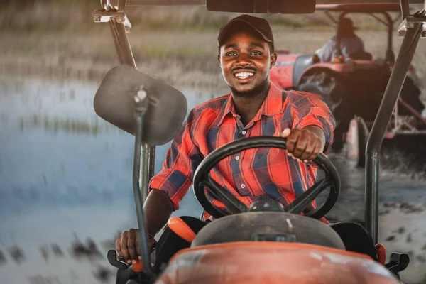 African Farmer Working Driving Tractor Farm Harvest Countryside Agriculture Cultivation — стокове фото