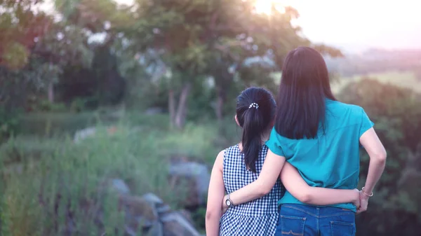 Mother Daughter Hugging Looking Outdoor Green Nature Sunset Concept Mother — Photo