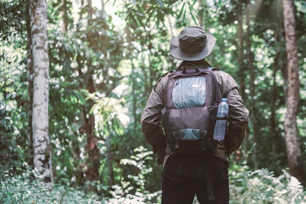 Voyageur Randonnée Debout Avec Sac Dos Chapeau Voyageur Hipster Regardant — Photo