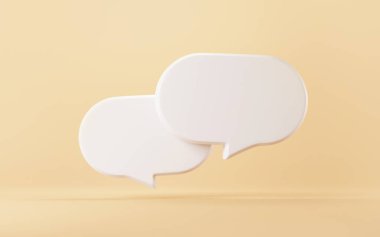 Sarı arka planda iki baloncuk konuşması ya da yorum işareti. 3d hazırlayıcı.