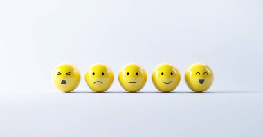 Üzgün ve mutlu ruh hali, değerlendirme, artış oranı, müşteri deneyimi, memnuniyet ve en iyi hizmet derecelendirme konsepti olan emoji ifadeleri..