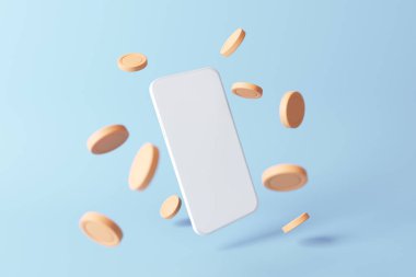 Mavi arka planda altın sikkeyle çevrili akıllı telefonu taklit et, boş cep telefonu. 3d hazırlayıcı.