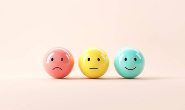 Üzgün ve mutlu ruh hali, değerlendirme, artış oranı, müşteri deneyimi, memnuniyet ve en iyi hizmet derecelendirme konsepti olan emoji ifadeleri..