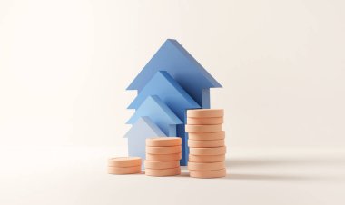 Pastel arka planda mavi ok ve bozuk para yığınları. Finansal başarı ve büyüme kavramı. Boşluğu kopyala, 3d görüntüleme