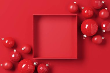 Kırmızı kağıdın üzerinde noel topları olan boş kırmızı karton kutu. Ürün ve tasarım için 3d hazırlama, arkaplan.