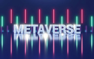 Mavi arkaplanda 3B Metaverse metin. Metaverse sanal gerçeklik dünyası konsepti, 3 boyutlu yorumlama.