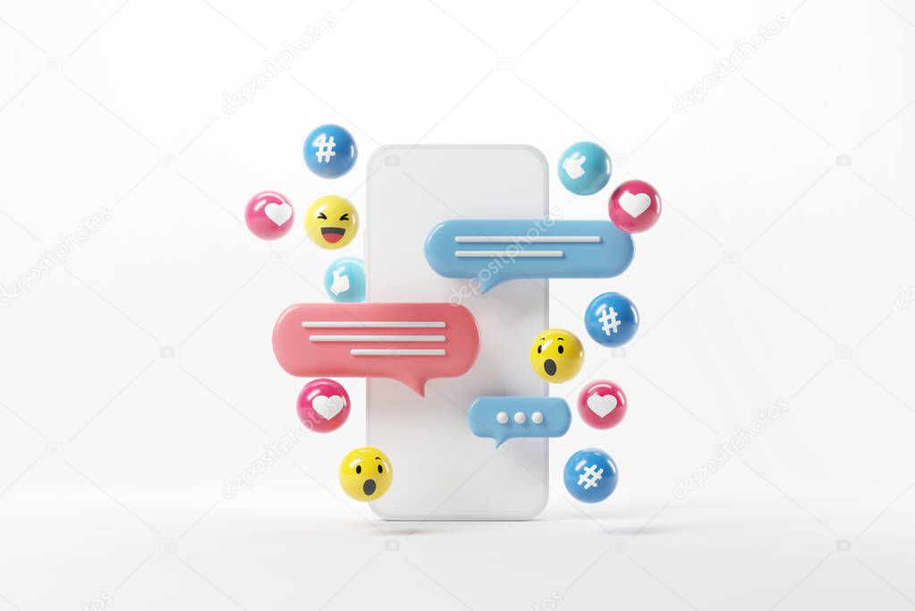 Mobile phone with social network Icons, abstract trendy design for social media advertising. 3d render.