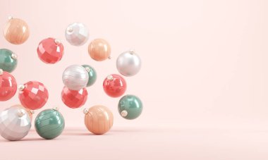 Pembe arka planda Pastel Noel topları. 3D görüntüleme, Noel partisi arkaplanı, Boşluğu Kopyala.