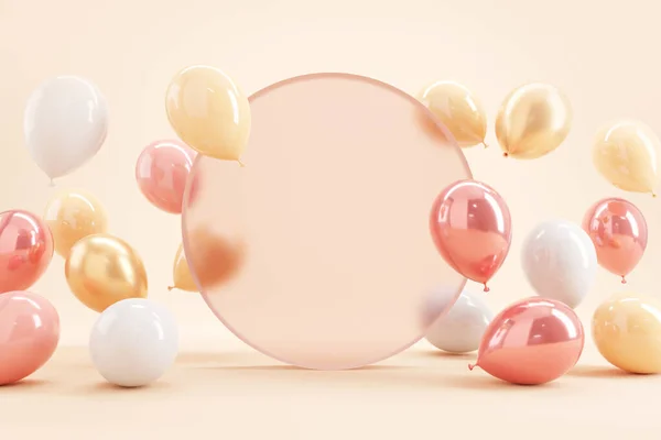 Pembe arka planda pastel balonlar. 3d oluşturma, doğum günü partisi arkaplanı, kopyalama alanı.