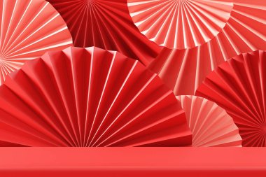Çin 'de yeni yıl, Podyum, pembe soyut arka planda kırmızı el kağıt vantilatörü, ürün minimum sunumu için sahne, 3D görüntüleme.
