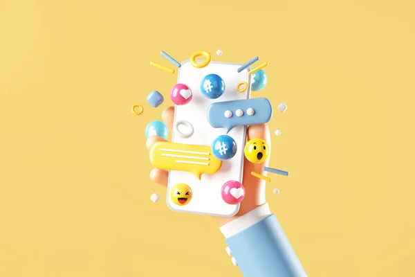 愛と空白の携帯電話を保持する女性の手 のような コメント 黄色の背景にハッシュタグボタン ソーシャルメディアマーケティングのコンセプト 3Dレンダリング — ストック写真