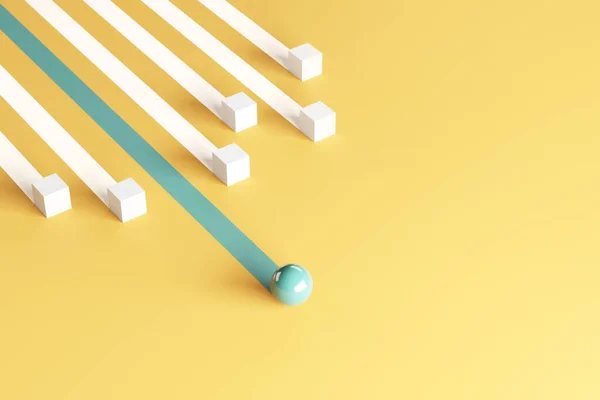 Liderlik kavramı, bir lider yeşil küre diğer beyaz kutuları yönlendiriyor. İş dünyasında kazanma stratejisi, 3D oluşturma.