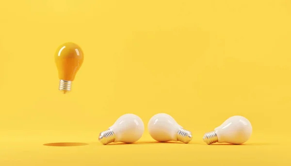 Minimal Idea Yellow Light Bulb Floating Hole White Bulbs Rendering — Stock Photo, Image