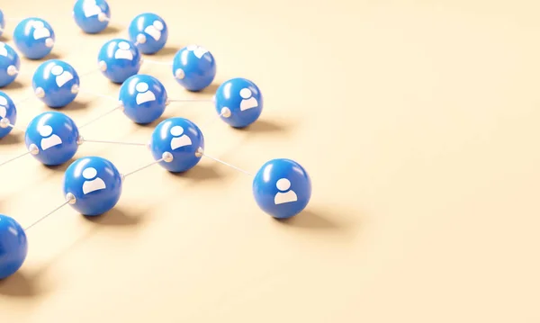 Connecting people and communication concept, social network. People icon connected together on blue background. Teamwork, 3d render. Copy space.