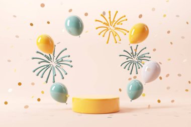 Podium with fireworks and falling shiny confetti and balloon on white background, Copy space, Celebration and party concept, 3d render.