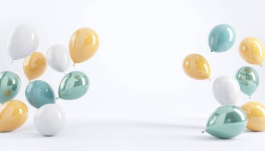 Beyaz arka planda pastel balonlar. 3d oluşturma, doğum günü partisi arkaplanı, kopyalama alanı.