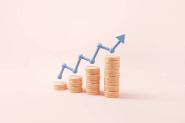 Bozuk para yığınlarına okları yerleştirin. Finansal başarı ve büyüme kavramı. 3d hazırlayıcı.