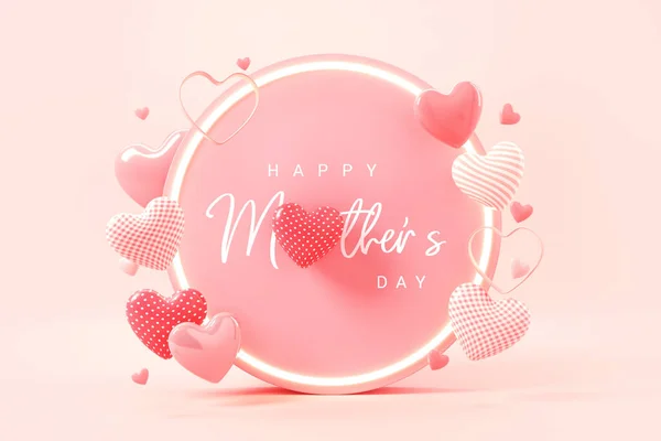 Mother Day Concept Red Pink Hearts Symbol Circle Frame Happy — kuvapankkivalokuva