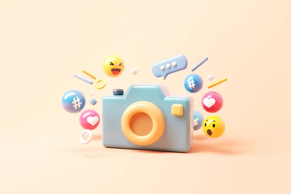 Minimal Photo Camera Social Media Notifications Pastel Background Render — Zdjęcie stockowe