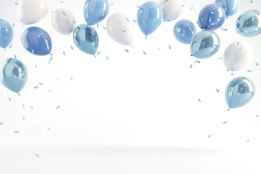 Pastel balloons and confetti on blue background. 3d rendering, Birthday party, Fathers Day, New year background, Copy space.
