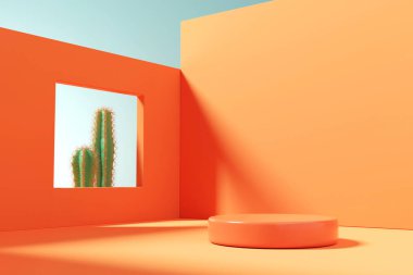Summer tropical background, Orange Podium with cactus, Mock up for the exhibitions, Presentation of products, 3d render.