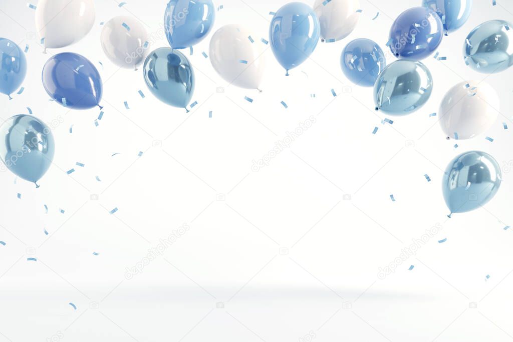 Pastel balloons and confetti on blue background. 3d rendering, Birthday party, Fathers Day, New year background, Copy space.