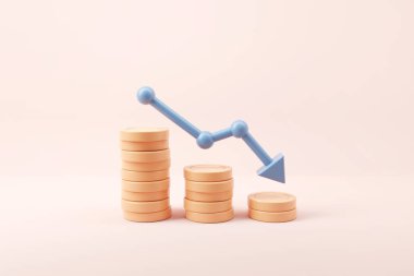 Graph down arrow on coin stacks. Financial crisis. Reduction. Inflation concept. 3d render