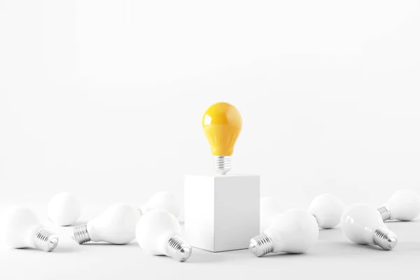 Minimal Idea Yellow Light Bulb Cube Surrounded White Bulbs White — Stock Photo, Image