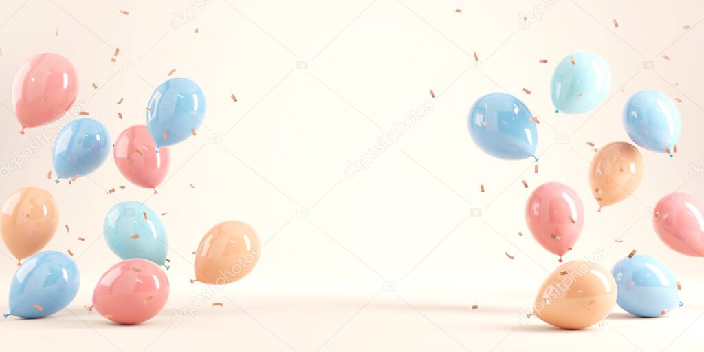 Pastel balloons on pink background. 3d rendering, Birthday party background, Copy space.