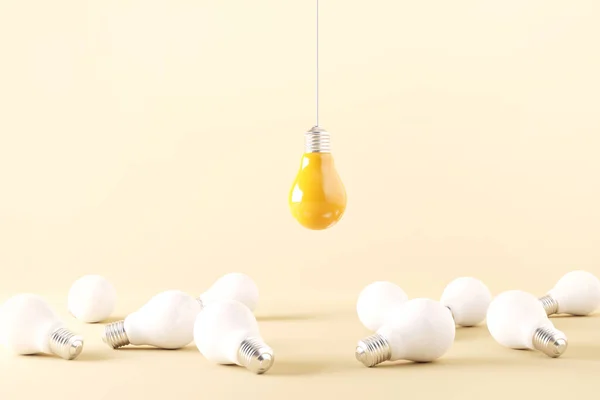 Minimal Idea Yellow Light Bulb Cube Surrounded White Bulbs Yellow — Stock Photo, Image