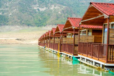 Floating Huts on tehri lake, Floating resort on tehri lake, Uttarakhand, India. Maldives of india. Tehri lake in Uttarakhand, india
