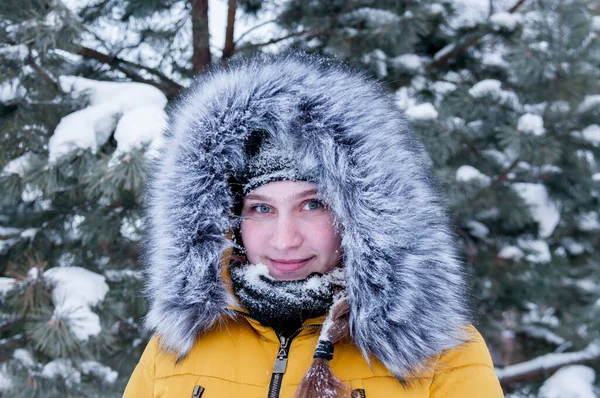モミの木がある冬の森を背景に毛皮のフード付きの黄色のダウンジャケットの少女の肖像画 — ストック写真