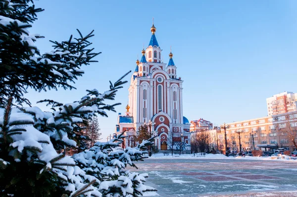겨울에는 하바로프스크의 콤소몰 스카야 광장에 어머니에 몽소승천 대성당 — 스톡 사진