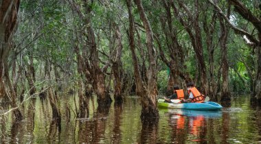 Rayong, THAILAND - 13, 2021: Bir grup turist, Tayland 'ın antik mangrov ormanlarında rehberli bir kano turu için setin tadını çıkarıyorlar..